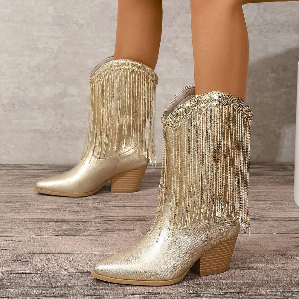 Women's Fringed Cowgirl Boots Concert Western Boot 2025 Spring Summer Vintage Cowboy Boots for Women Pointed Toe Mid-calf Boots
