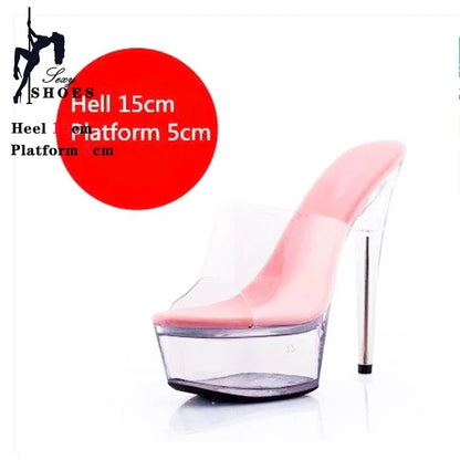 New Women Slippers Fashion Female Models Station Catwalk Show Sexy Crystal Transparent Shoes Summer 15cm Thin High Heels Sandals