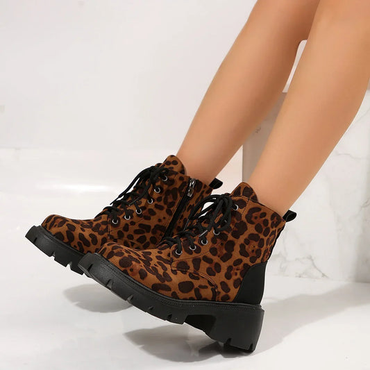 Sexy Leopard Ankle Boots for Women Autumn Winter 2024 Low Square Heels Plus Size 43 Short Booties Shoes Woman Motorcycle Boots