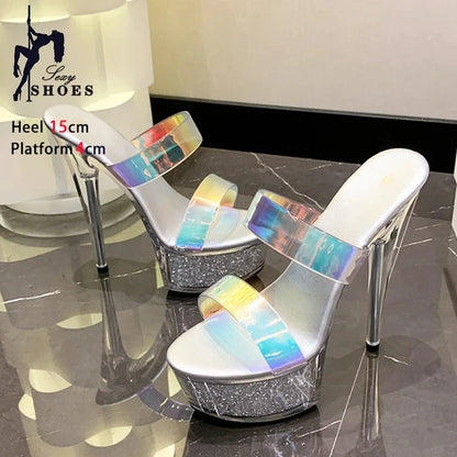 New Women Slippers Fashion Female Models Station Catwalk Show Sexy Crystal Transparent Shoes Summer 15cm Thin High Heels Sandals