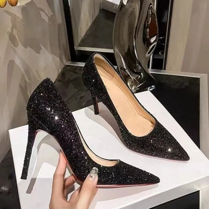 9cm Super High Heels Shoes 2025 Sequin Black Sexy Red Sole Pointed Thin Single stiletto heel shoes