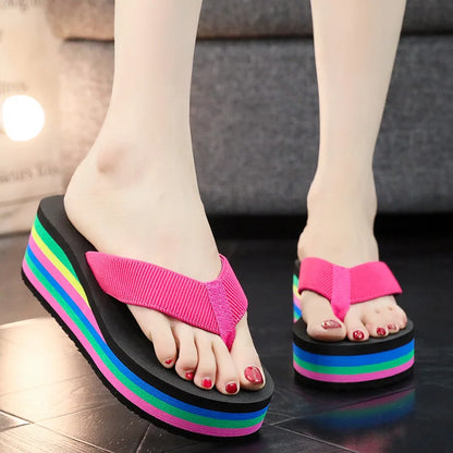 Slippers Women Summer Rainbow Thick Soled Sandals Colorful High Heels Outside Casual EVA Beach Flip Flops Women Chanclas Mujer