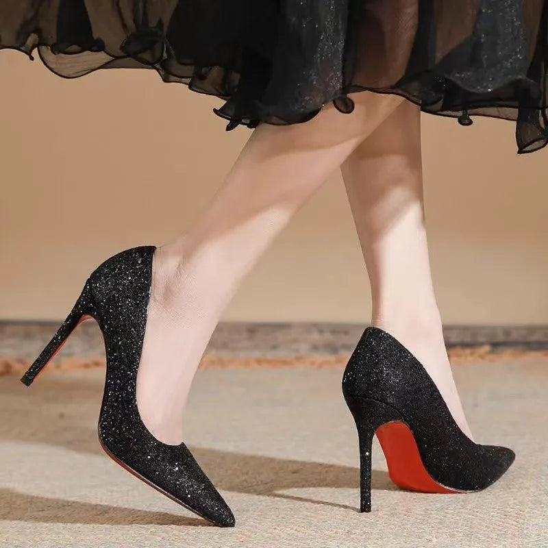 9cm Super High Heels Shoes 2025 Sequin Black Sexy Red Sole Pointed Thin Single stiletto heel shoes