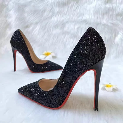 9cm Super High Heels Shoes 2025 Sequin Black Sexy Red Sole Pointed Thin Single stiletto heel shoes