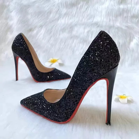 9cm Super High Heels Shoes 2025 Sequin Black Sexy Red Sole Pointed Thin Single stiletto heel shoes