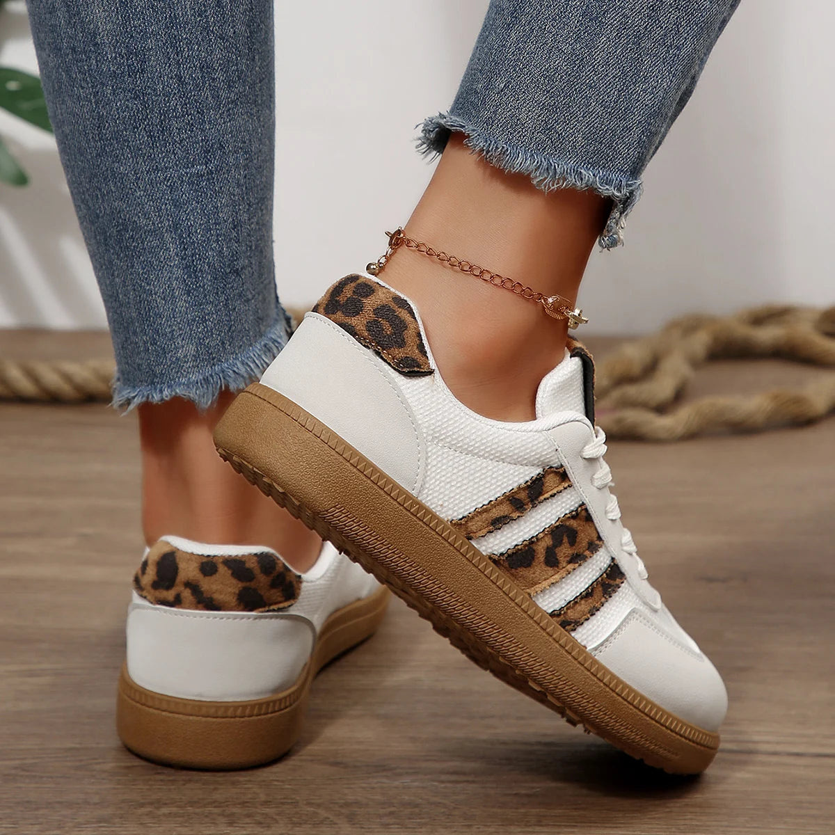 Fashion Leopard Striped Print Sneakers Women 2025 Autumn Non Slip Flat Heels Casual Sport Shoes Woman Platform Trainers Woman