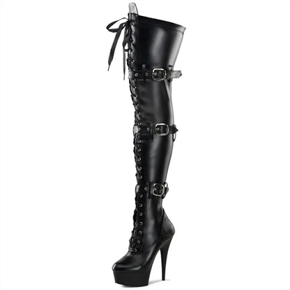 15CM Stripper Knee Boots | Steel Pipe Dance Knee Boots | Black Strapped Thigh Boots | Suitable for stage dancing in nightclubs