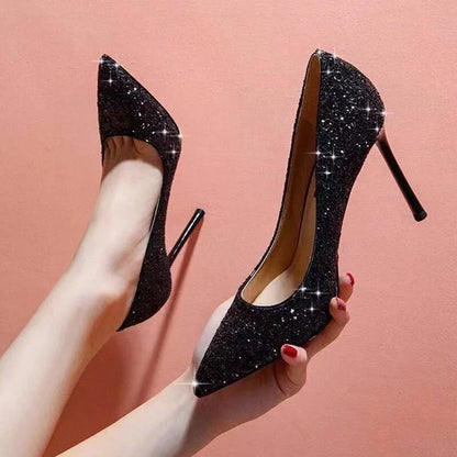 9cm Super High Heels Shoes 2025 Sequin Black Sexy Red Sole Pointed Thin Single stiletto heel shoes