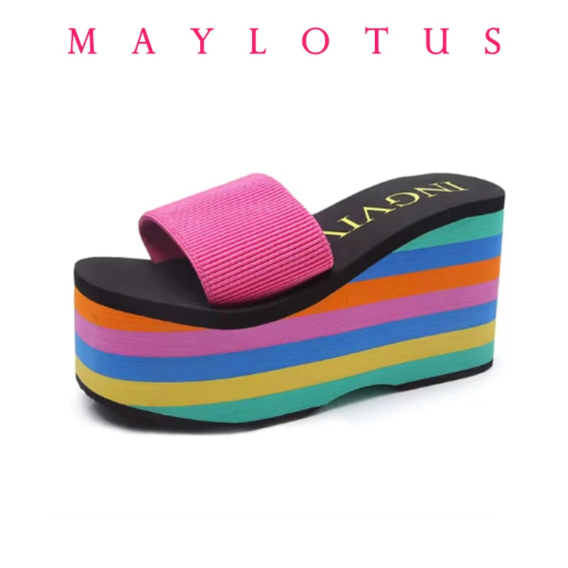 Women Flip Flops Beach Shoes Wedge Sandals High 10CM Heels Casual Peep Toe Platform Slippers Rainbow Summer Woman Slippers