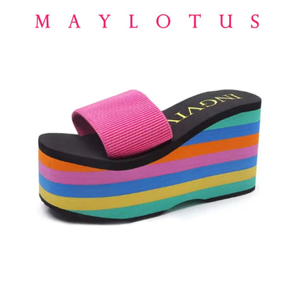 Women Flip Flops Beach Shoes Wedge Sandals High 10CM Heels Casual Peep Toe Platform Slippers Rainbow Summer Woman Slippers