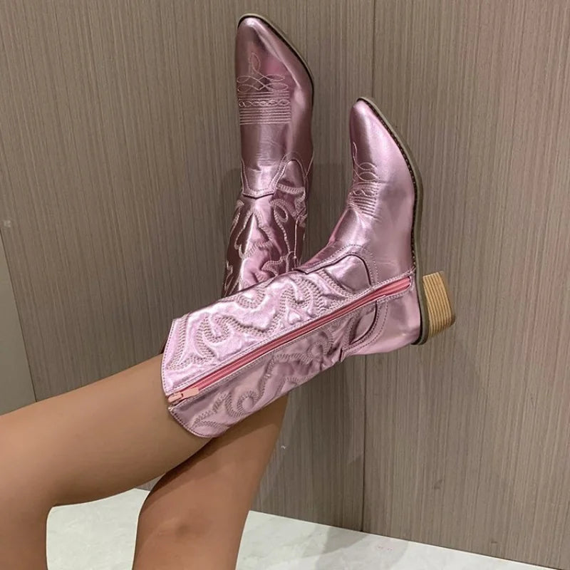 Cowboy Western Boots for Women Shiny Metallic Women's Embroidery Knee High Stiletto Pointed Toe Pink Shoes For Dropshipping