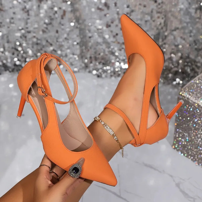 Summer new sexy European and American women's hollow high heels stiletto orange fashion pointed high-heeled sandals size 36-42