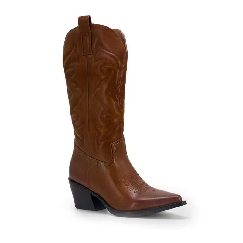 Cowboy Western Boots for Women Shiny Metallic Women's Embroidery Knee High Stiletto Pointed Toe Pink Shoes For Dropshipping