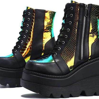 Plus Size Platform Boots for Women 2023 Fashion Wedge Shoes Sequins High Heels Women's Ankle Boots Zipper Lace Up Women's Boots