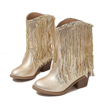 Children Boots Versatile Tassels Pink Elegant 2025 New Performance Girls Boots Low Heels Shiny Solid Color Britain Princess Boot