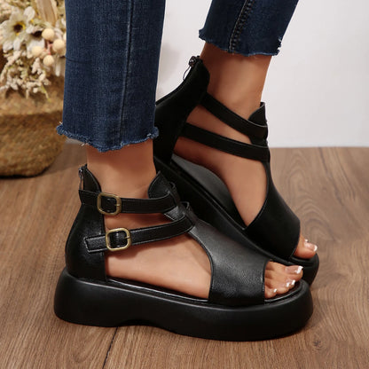 Retro Women Sandals Fashion Leather Women Boots Breathable Platform Shoes Designer Mid Heels Women Wedges Shoes Sandalias Mujer