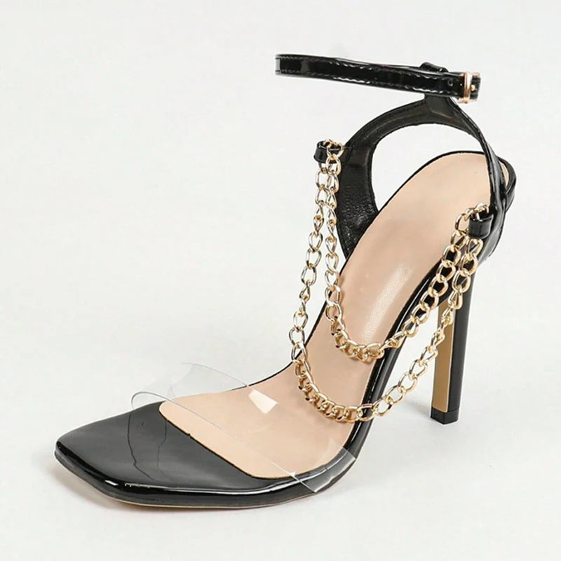 Liyke PVC Transparent Sandals For Women Summer 2025 Fashion Square Toe Metal Chain Designer High Heels Shoes Ladies Sandalias