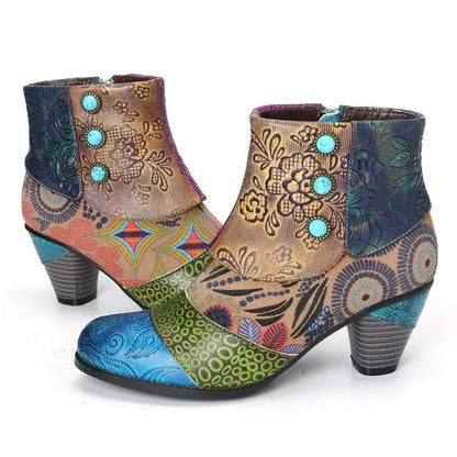 Vintage Splicing Printed Ankle Boots for Women Shoes Female PU Leather Retro Block High Heels Bohemian Ladies Winter Short Boots