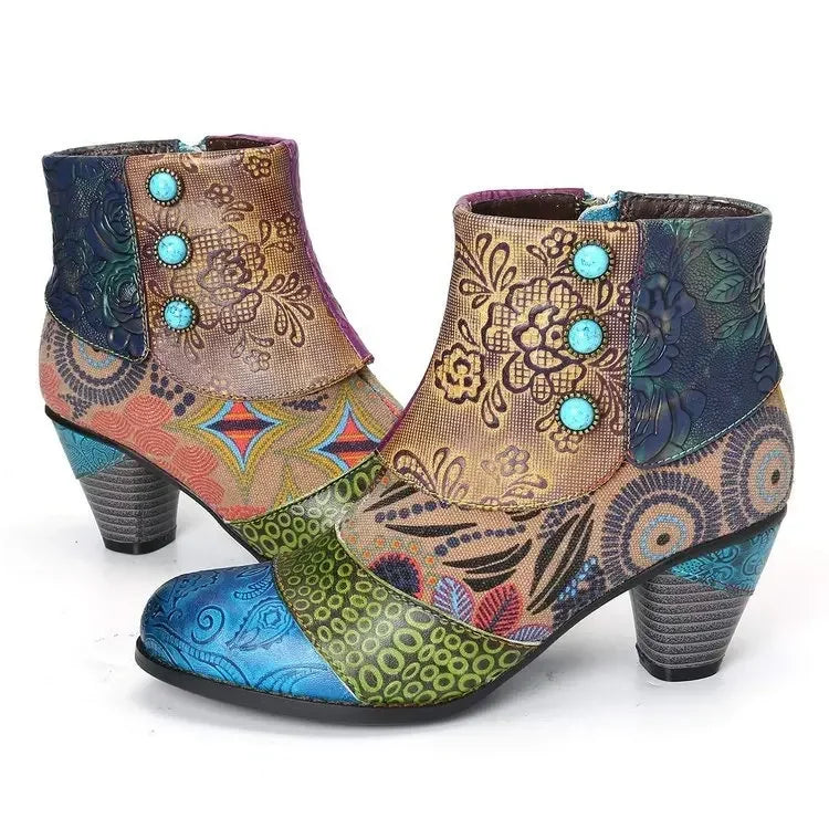 Vintage Splicing Printed Ankle Boots for Women Shoes Female PU Leather Retro Block High Heels Bohemian Ladies Winter Short Boots