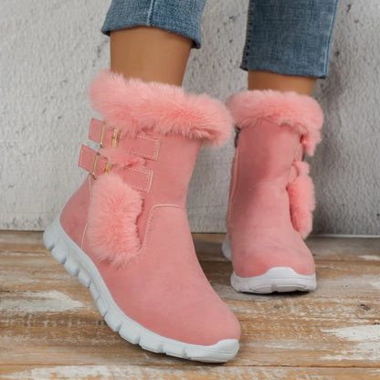 Winter Round Toe Plus Velvet Warm Side Zipper Casual Mid-calf Boots New Comfortable Fashionable Buckle Flat Snow Boots for Women