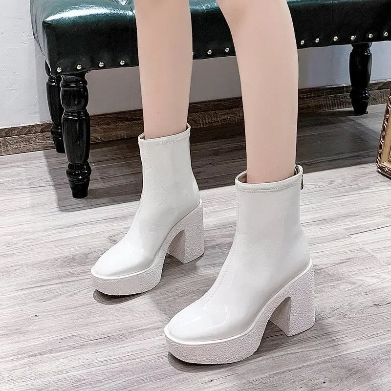 2025 New Platform Women Ankle Boots Leather Fashion High Heels Shoes Trend Designer Classic Chunky Pumps Goth Winter Botas Mujer