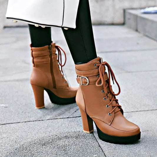High Heels Women Ankle Boots Lace Up Fall Winter Platform Ladies Boots Large Size Fashion Shoes White Black Brown 2025