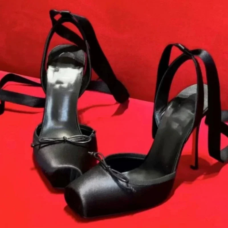 Women's Shoes 2025 New Personalized Thin Heels Satin Sexy Square Toe Strap Women's Shoes Banquet Wedding Niche Design Pumps