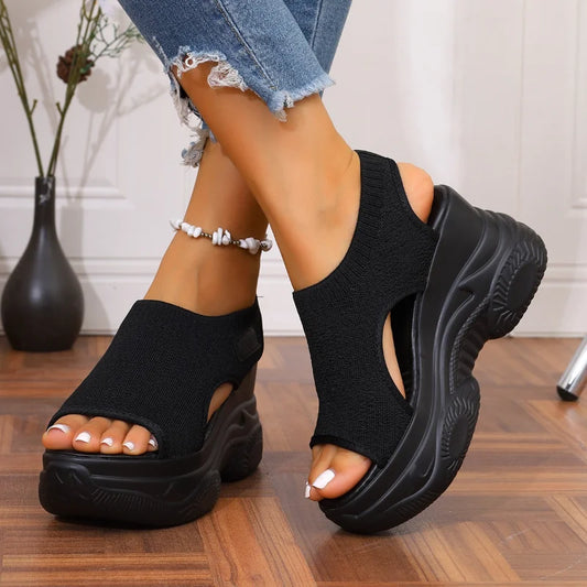 Summer New Knitted Shoes Fairy Fish-mouth Wind Cake Sole High Heels Flying Weave Slope Heel Thick Sole Sports Women's Sandals