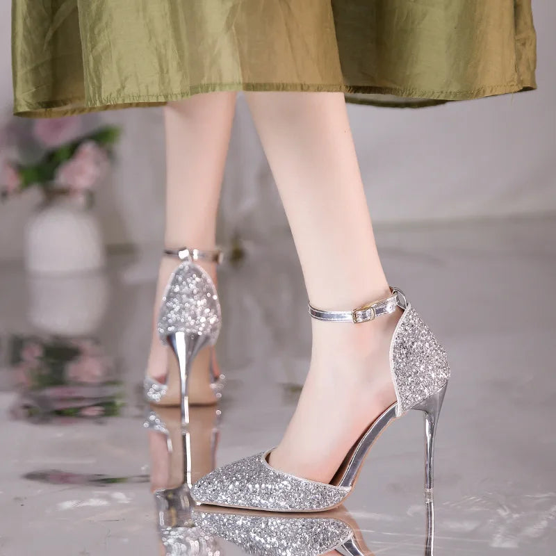 2025 New Woman Pumps Luxury Sequins High Heels Summer Women Party Shoes Fashion Sexy Gold Sliver Stiletto Heels Ladies Sandals