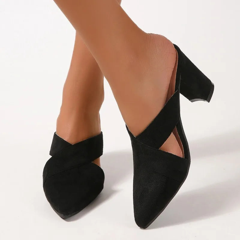 Women Leopard Heels Slippers Summer Fashion Suede Cross Strap High Heels Big Size Ladies Elegant Pointed Toe Slingback Sandals