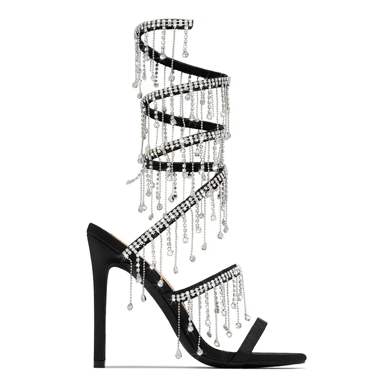 MM Stiletto Appliques Chain Strap Sandals Round Tote Rhinestone Thin Heel Butterfly Heels Women Shiny Tassel Leg Wrap Sandals