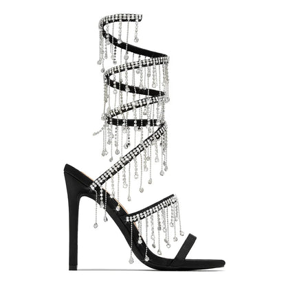 MM Stiletto Appliques Chain Strap Sandals Round Tote Rhinestone Thin Heel Butterfly Heels Women Shiny Tassel Leg Wrap Sandals