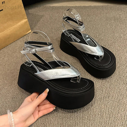 Women Heeled Sandals High Heels Clip Toe Shoes Platform Buckle Flip Flops 2025 Summer Fashion Pumps Slingback Sandalias De Mujer