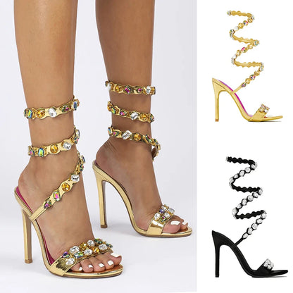 MM Stiletto Appliques Chain Strap Sandals Round Tote Rhinestone Thin Heel Butterfly Heels Women Shiny Tassel Leg Wrap Sandals