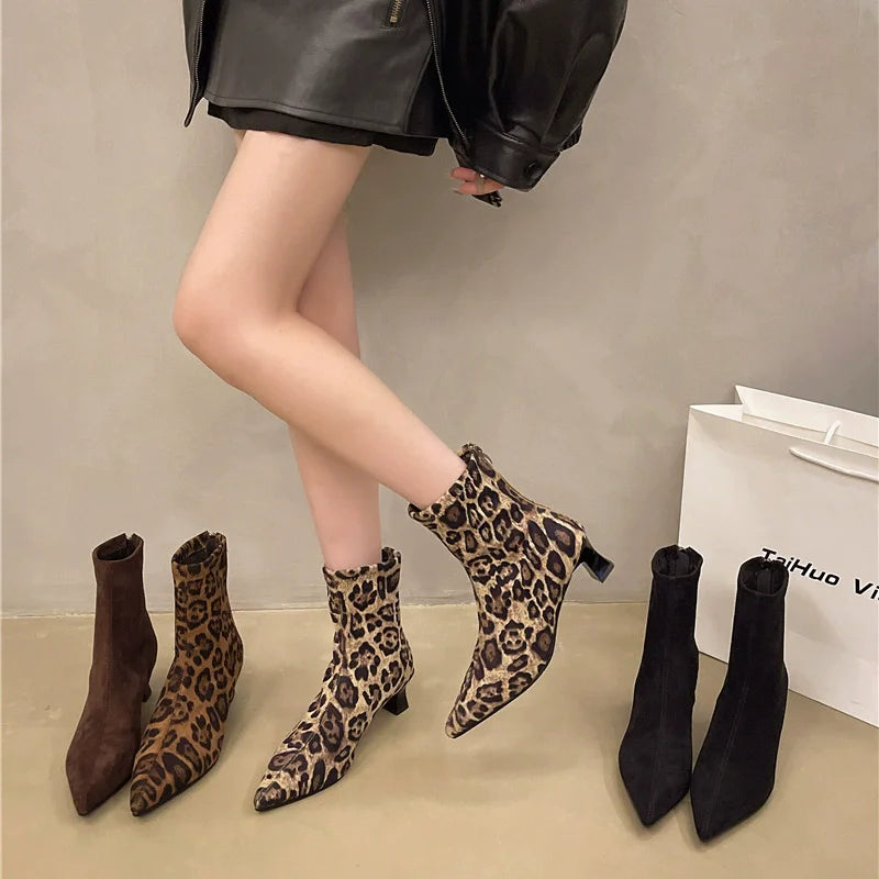 Designer Leopard Print shoes for Women Ankle Boots Fashion Pointed Toe Short Booties Concise Thick Heels Botas De Mujer