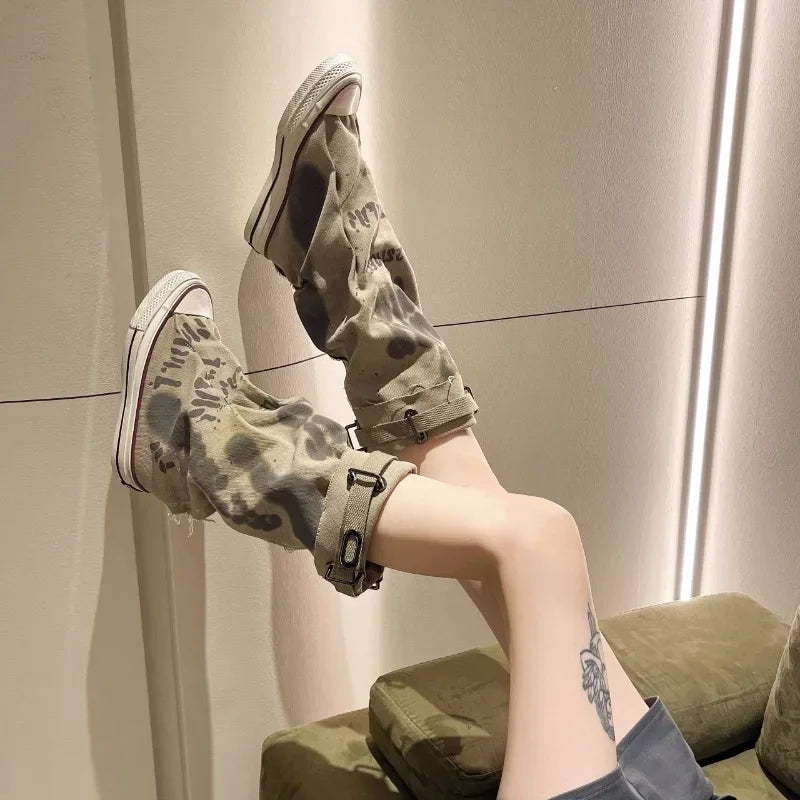High Top Canvas Boots for Women Trend Long Boot Graffiti Flats Casual Vulcanized Shoes 2024 New Trouser Barrel Stacking Boots