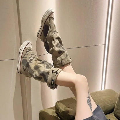 High Top Canvas Boots for Women Trend Long Boot Graffiti Flats Casual Vulcanized Shoes 2024 New Trouser Barrel Stacking Boots