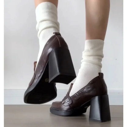 2025 New Retro pu Leather Slip On Women Pumps Ladies Loafers Dress Shoes Thick High Heels Platform Shoes