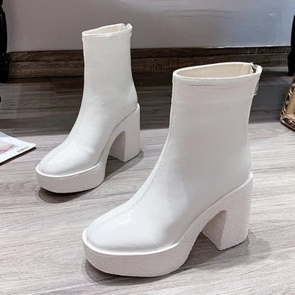 2025 New Platform Women Ankle Boots Leather Fashion High Heels Shoes Trend Designer Classic Chunky Pumps Goth Winter Botas Mujer