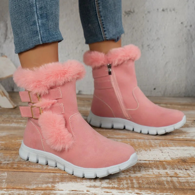 Winter Round Toe Plus Velvet Warm Side Zipper Casual Mid-calf Boots New Comfortable Fashionable Buckle Flat Snow Boots for Women