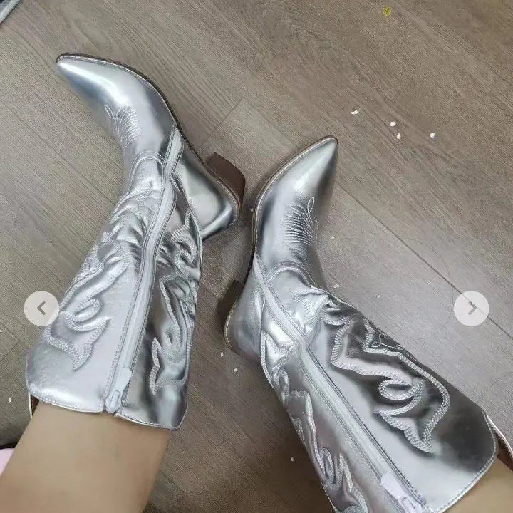 Cowboy Western Boots for Women Shiny Metallic Women's Embroidery Knee High Stiletto Pointed Toe Pink Shoes For Dropshipping