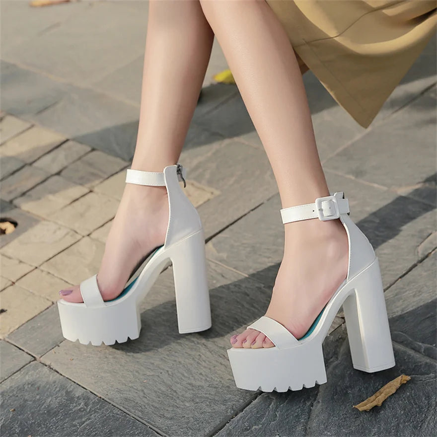 Big Size 34-43 Super High Heels 14cm Roman Sandals Women 2025 Summer PU Leather Platform Ladies Casual Chunky Heel Buckle Shoes