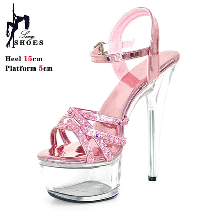 New Women Slippers Fashion Female Models Station Catwalk Show Sexy Crystal Transparent Shoes Summer 15cm Thin High Heels Sandals