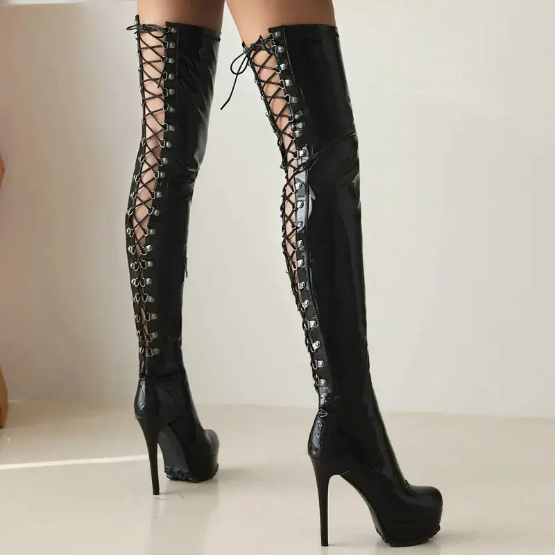 Sexy Club Stripper Heels Back Lace-up Platform Thin High Heeled Womens Overknees Cross-tied Over-the-knee Thigh Stretch Boots