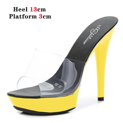 Stripper Heels Slipper female SANDAL WOMAN Summer PVC Slides Waterproof 13cm Thick Bottomed Nightclub Sexy High-heeled  Platform