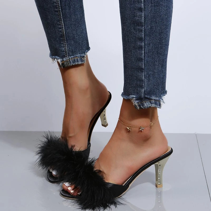 2025 Summer Women's Stiletto Sandals Party Women Sandals High Heels Furry Shoes Женские Сандалии На Платформе Shoes for Women