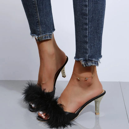 2025 Summer Women's Stiletto Sandals Party Women Sandals High Heels Furry Shoes Женские Сандалии На Платформе Shoes for Women