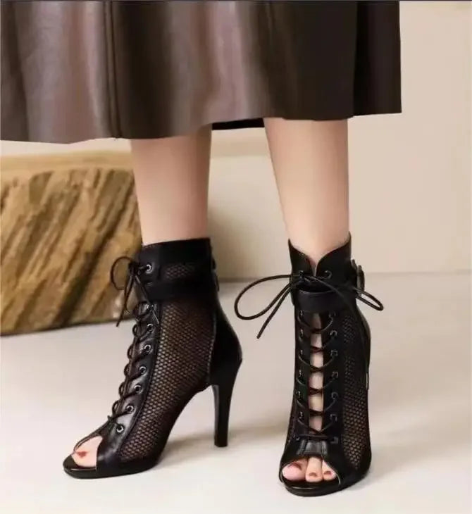 2023 Mesh Summer Ankle Boots High Heels Women Black White Shoes Peep Toe Sexy Lady Boot Party Luxury Thin Heeled Shoe