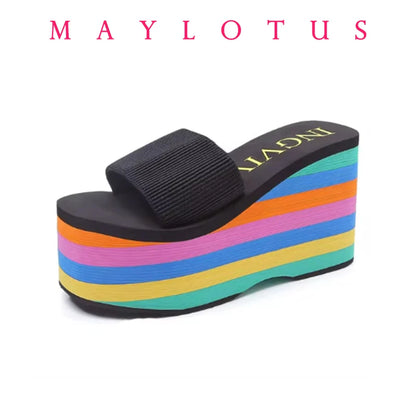 Women Flip Flops Beach Shoes Wedge Sandals High 10CM Heels Casual Peep Toe Platform Slippers Rainbow Summer Woman Slippers