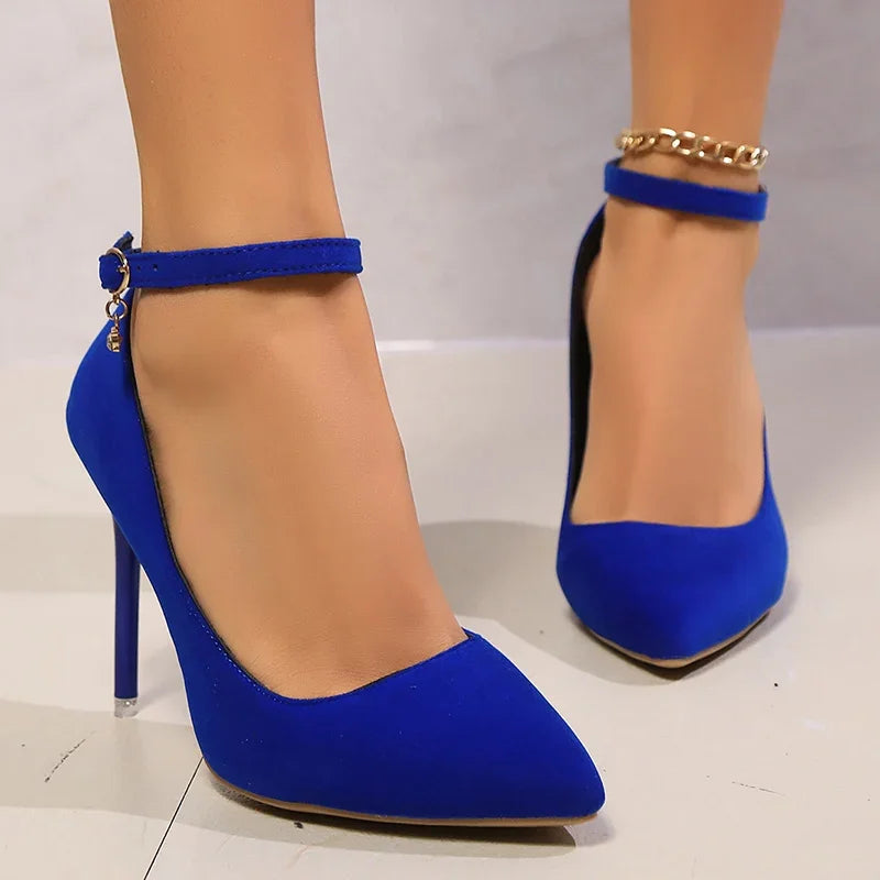 Blue Satin Ankle Strap High Heels Pumps Women Sexy Pointed Toe Stiletto Heeled Banquet Dress Shoes Woman Elegant Pumps Mujer